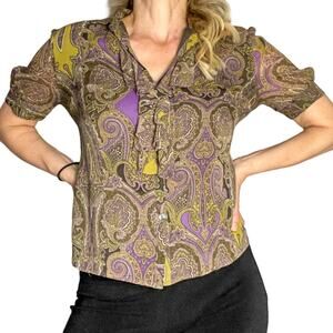 Jones New York silk paisley blouse vintage sheer ruffle womens 8